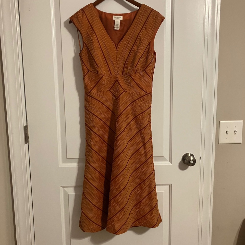 Liz Claiborne Burnt Orange Striped Chevron Embroidered Midi Dress Womens 8